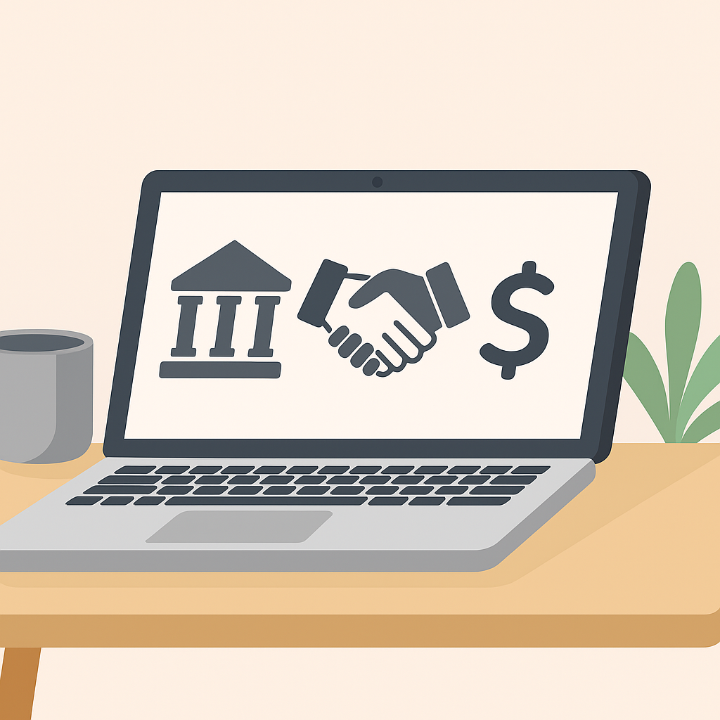 贷款课程宣传图:含笔记本电脑、房子图标、中文课程优势说明