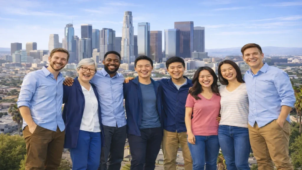 A+ 洛杉矶房地产学院师生团队合影,背景为洛杉矶城市天际线。